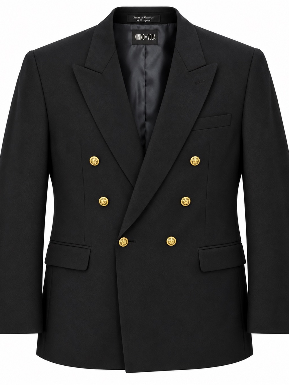 Ninno Vela 100% Wool Men's Double-Breasted Black Blazer with Gold Buttons